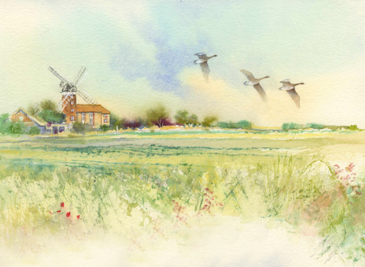 Weybourne Mill and Pink Footed Geese